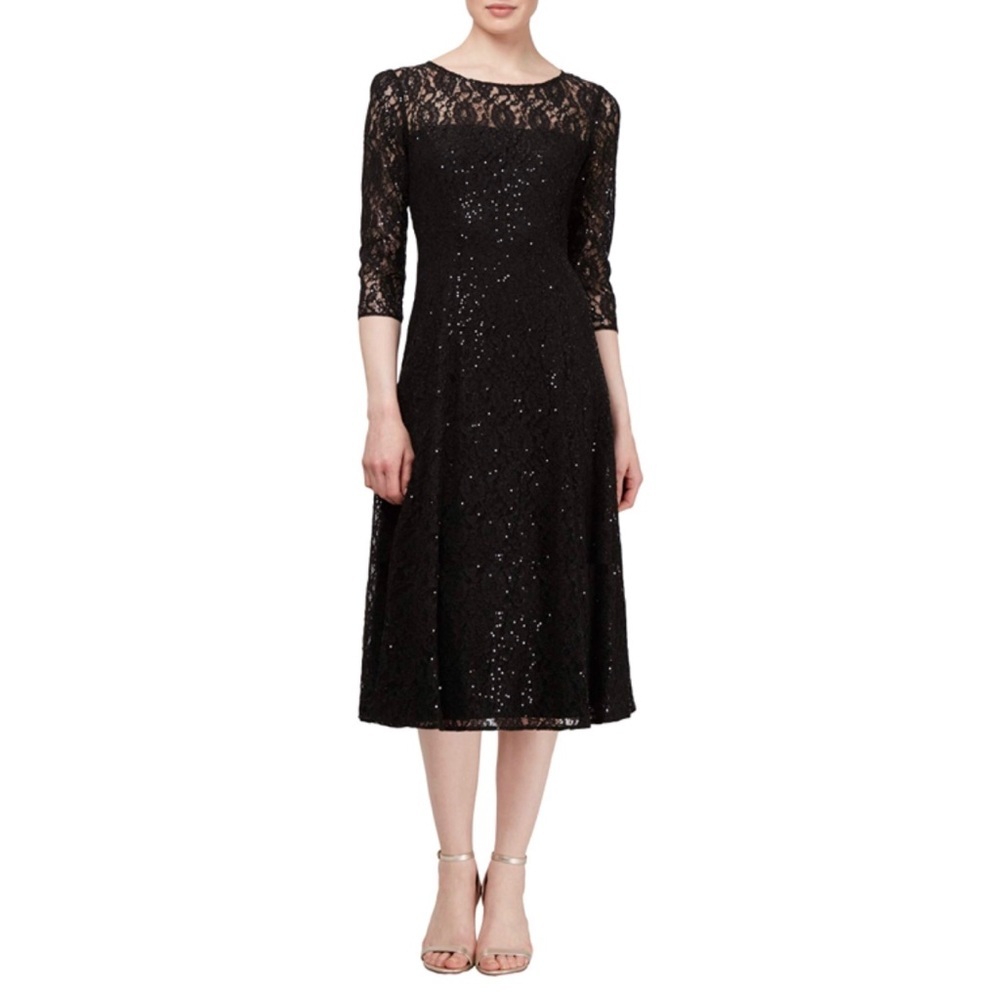 SLNY Black Lace Sequin Midi Dress with Three-Quarter Sleeves